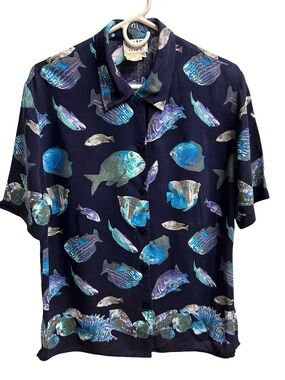 90s Ocean Life Shirt | aquariumcore nautical Fish Print Blouse
